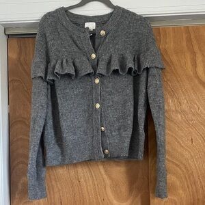 H&M Gray Marled Ruffle Cardigan Ribbed Button Front Soft Cozy S